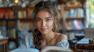 ai gerado menina lendo livro às mesa foto