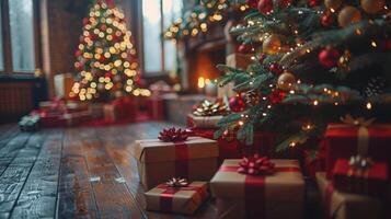 ai gerado festivo vivo quarto com Natal árvore foto