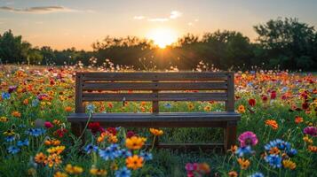 ai gerado de madeira Banco dentro campo do flores foto