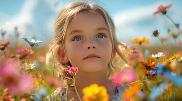 ai gerado pequeno menina em pé dentro campo do flores foto