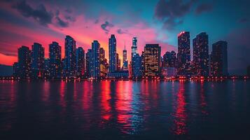 ai gerado cidade Horizonte noite luzes refletindo em água foto