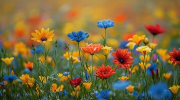 ai gerado colorida flores florescendo dentro ensolarado campo foto