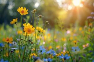 ai gerado vibrante campo do amarelo e azul flores foto