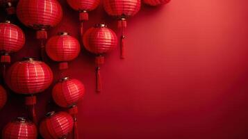 ai gerado chinês lanternas em uma minimalista vermelho fundo. grande quantidade do livre espaço para texto dentro a Centro foto