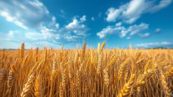 ai gerado fechar acima do trigo campo com azul céu fundo foto