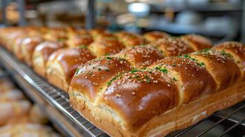 ai gerado fechar acima do pão cachos em prateleira foto