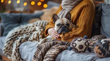 ai gerado uma pessoa dentro casual roupas abraços com seus peludo amigo em uma confortável sofá, cercado de animal brinquedos e cobertores foto