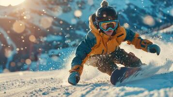 ai gerado uma jovem snowboarder passeios baixa a alpino montanha às Alto Rapidez foto