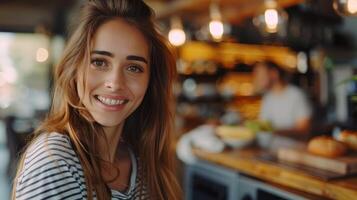 ai gerado lindo jovem mulher tendo café da manhã enquanto em pé às a fogão dentro a cozinha. ela sorrisos e parece às a Câmera foto