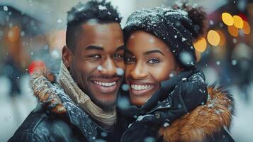 ai gerado sorridente homem e mulher dentro neve foto