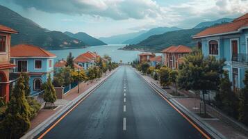 ai gerado ensolarado urbano rua com moderno casas e paisagismo. foto