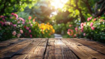 ai gerado esvaziar de madeira mesa com jardim fundo foto