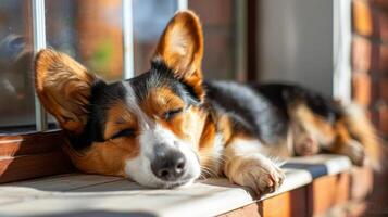 ai gerado Castanho e branco cachorro em repouso em de madeira chão foto