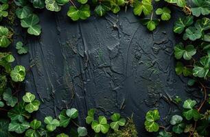 ai gerado verde trevo folhas em Preto de madeira fundo foto