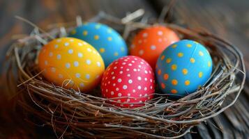 ai gerado colorida ovos ninho em mesa foto