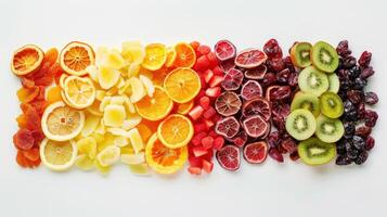 ai gerado uma colorida sortimento do seco frutas arranjado elegantemente em uma limpar \ limpo branco fundo foto