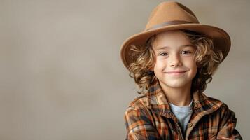 ai gerado pequeno menina com encaracolado cabelo vestindo Castanho suéter foto