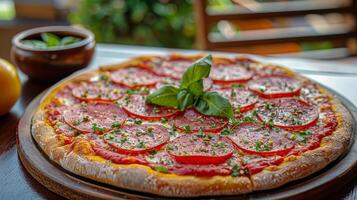 ai gerado caseiro pizza com tomates e manjericão em de madeira borda foto