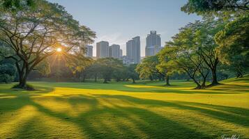 ai gerado Sol brilhando através árvores dentro parque foto