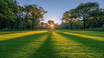 ai gerado Sol brilhando através árvores dentro parque foto