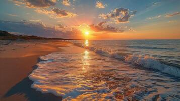 ai gerado Sol configuração sobre água às de praia foto