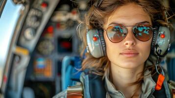 ai gerado mulher vestindo fones de ouvido dentro cockpit do avião foto