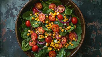 ai gerado fresco salada tigela com tomates, milho, e espinafre foto