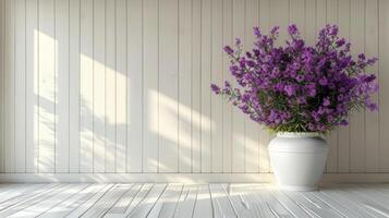 ai gerado branco vaso com roxa flores em de madeira chão foto