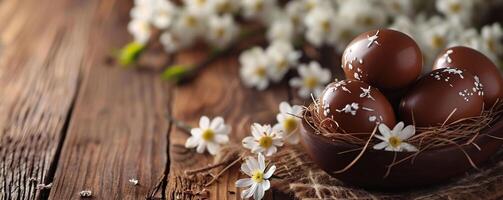 ai gerado chocolate ovos dentro uma ninho com branco Primavera flores em uma de madeira superfície crio uma rústico e convidativo Páscoa cena. decoração publicidade ou tradicional Páscoa celebração temas. foto