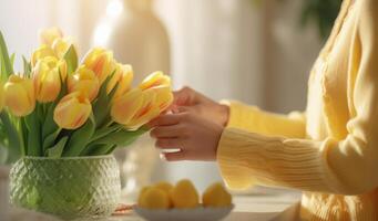 ai gerado mulher mãos arranjo amarelo tulipas dentro uma vaso. foto