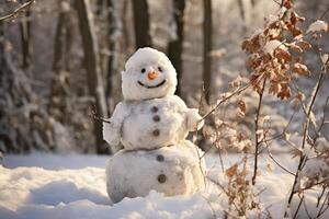 ai gerado alegre boneco de neve inverno ensolarado. gerar ai foto