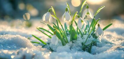 ai gerado primeiro snowdrops emergir a partir de a neve dentro uma ensolarado dia foto