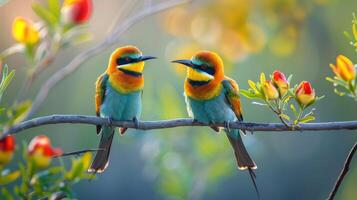 ai gerado dois colorida pássaros em árvore ramo foto