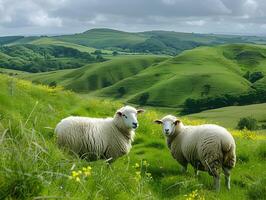 ai gerado fotografia pacífico campo panorama com rolando colinas e pastar ovelha foto