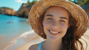 ai gerado mulher vestindo Palha chapéu em de praia foto