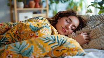 ai gerado jovem menina dormindo dentro cama foto