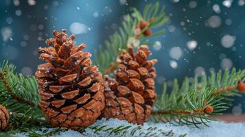 ai gerado dois coberto de neve pinho cones foto