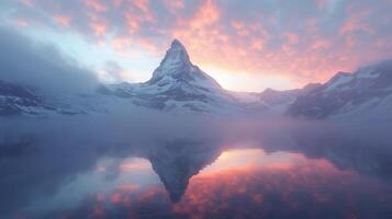 ai gerado majestoso montanha refletindo dentro água foto