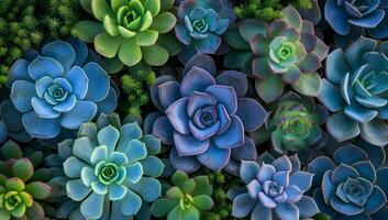 ai gerado vibrante suculento jardim com azul e verde rosetas. colorida echeveria suculentos dentro vários tons do azul, roxa e verde. conceito do naturezas beleza e diversidade. foto