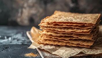 ai gerado pilha do fresco caseiro crocantes todo trigo pão sírio ou lavash em rústico fundo. saudável ázimo tradicional meio Oriental ou Mediterrâneo pão. foto