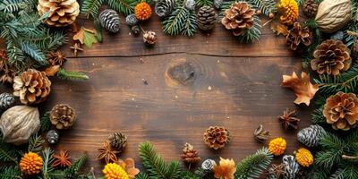 ai gerado Natal fundo com abeto árvore galhos, cones e nozes em de madeira fundo foto