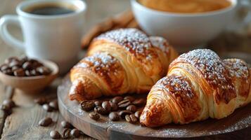 ai gerado dois croissants e uma copo do café em uma prato foto