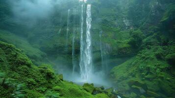 ai gerado majestoso cascata cercado de corpo do água foto