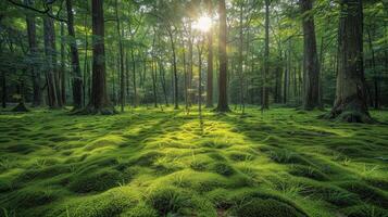 ai gerado Sol brilha através árvores dentro verde floresta foto