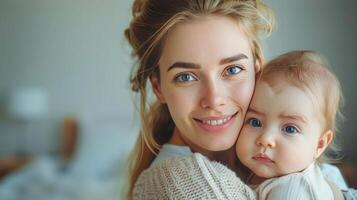 ai gerado mulher deitado em chão com bebê foto