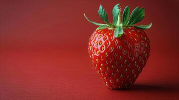 ai gerado vermelho morango com verde haste em vermelho fundo foto