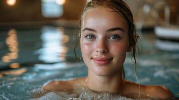 ai gerado mulher dentro uma natação piscina vestindo uma amarelo chapéu foto