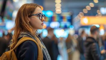 ai gerado jovem mulher espera dela voar às aeroporto foto