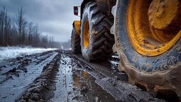 ai gerado turvar trator pneu em Nevado rural estrada dentro inverno. pesado dever veículo roda piso faixas em sujeira caminho através estéril panorama. foto