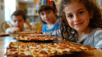 ai gerado feliz crianças desfrutando recentemente cozido caseiro pizza juntos às lar. conceito do família culinária, infância recordações, e delicioso conforto Comida. foto
